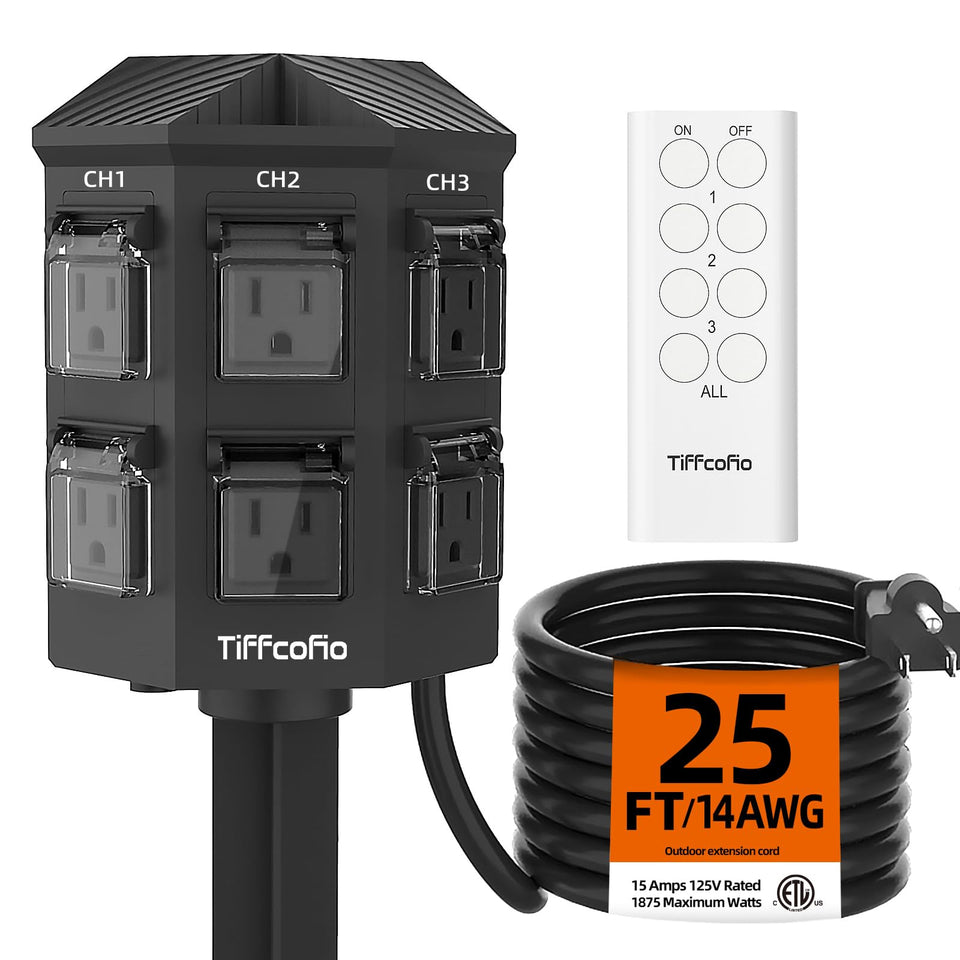 Tiffcofio outdoor remote control power strip with six independent outlets for flexible outdoor setups.