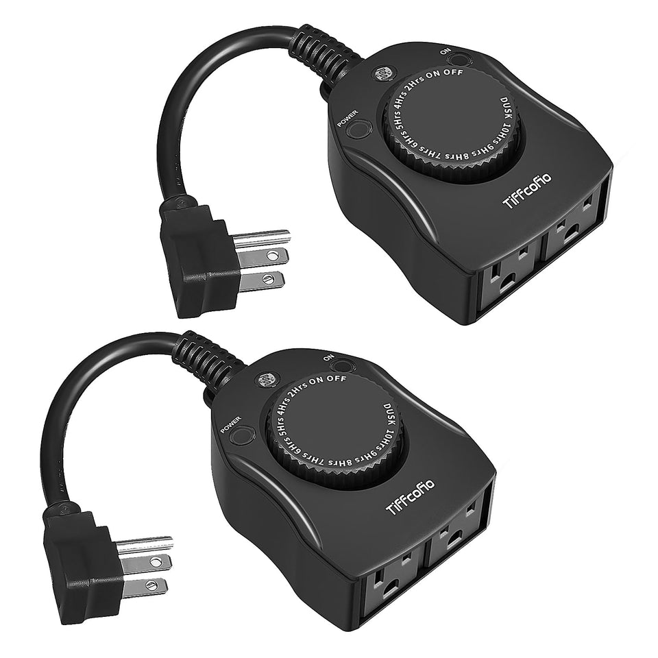 Tiffcofio outdoor timer front view with dual outlets for holiday lights.