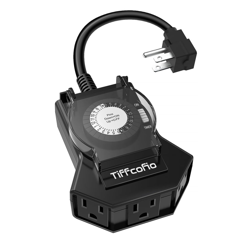 Tiffcofio outdoor timer outlet with weatherproof housing for year-round garden lighting