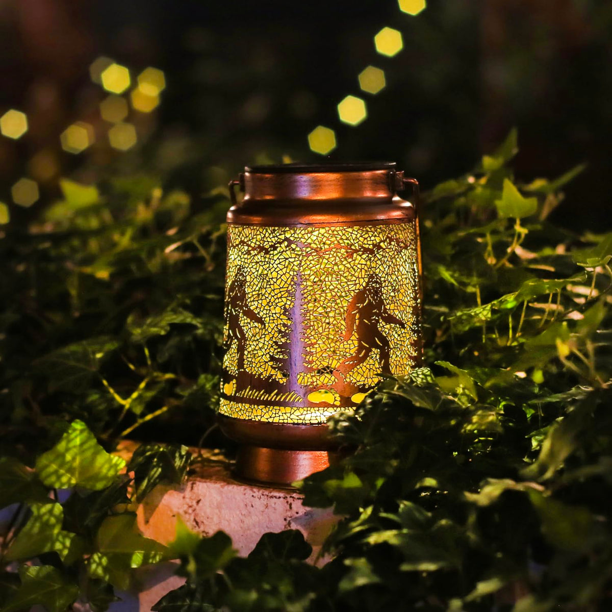 TIGGSY Bigfoot outdoor hanging lantern provides ambient light on patios.
