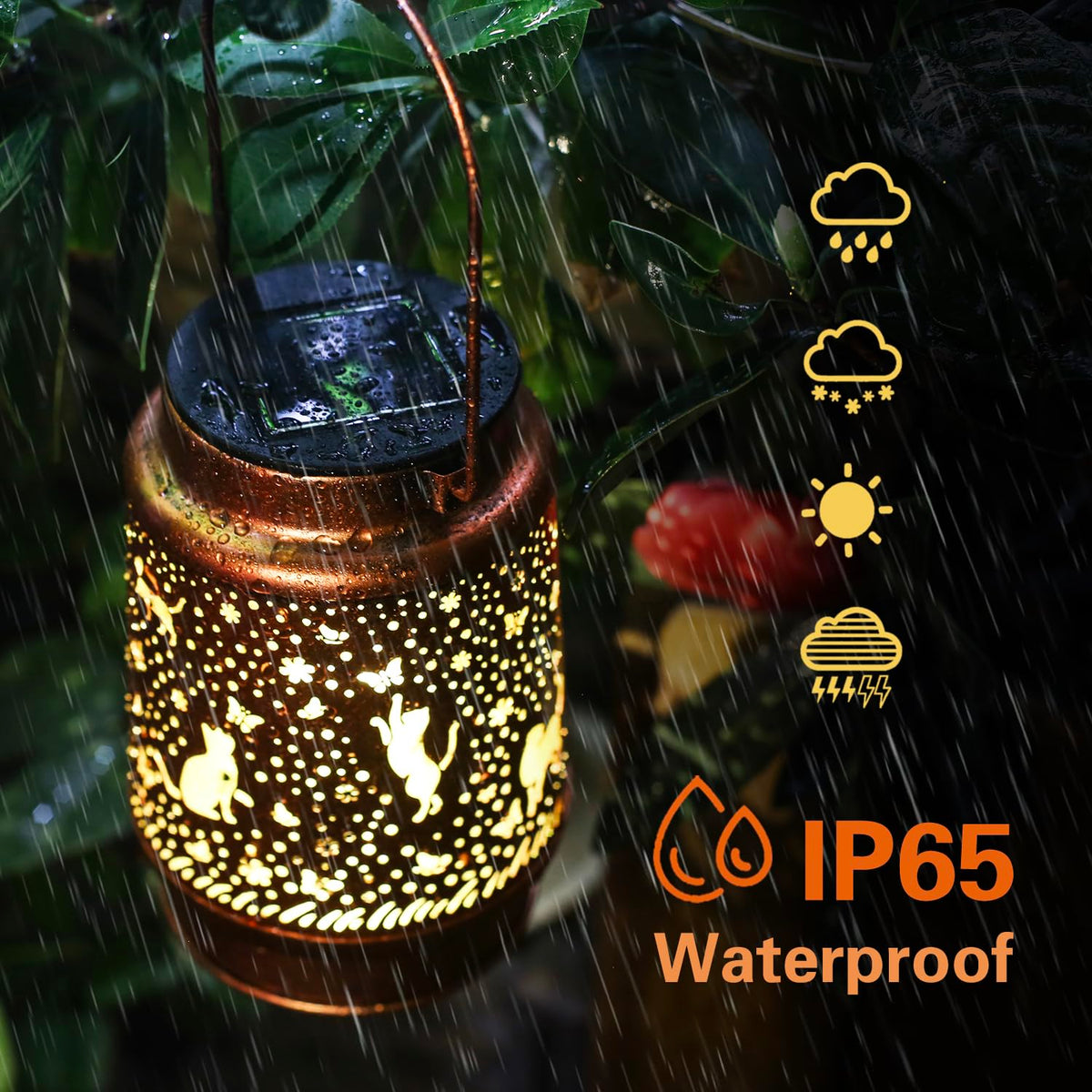 TIGGSY Cat Solar Lantern IP65 waterproof protection for rain or shine.