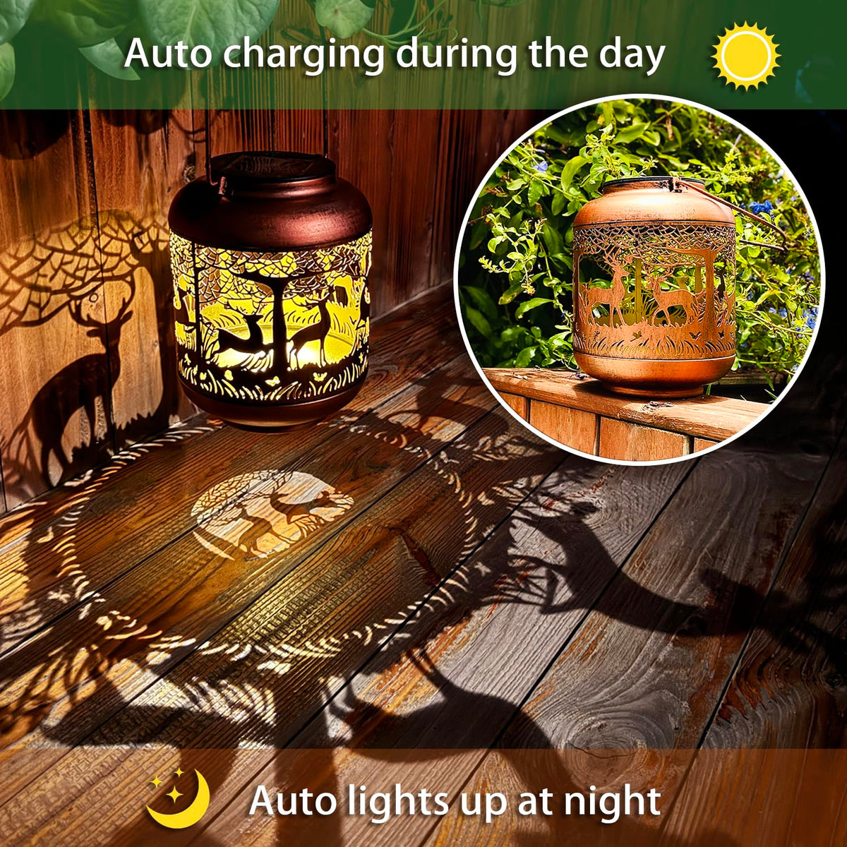 TIGGSY deer lantern illuminates backyard paths with a soft ambient glow.