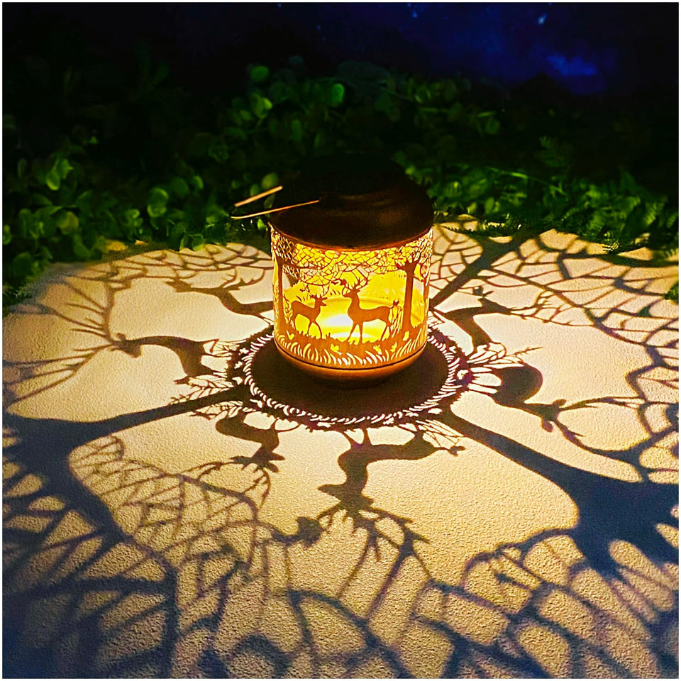 TIGGSY deer solar lantern hanging casts warm deer shadows for outdoor ambiance.