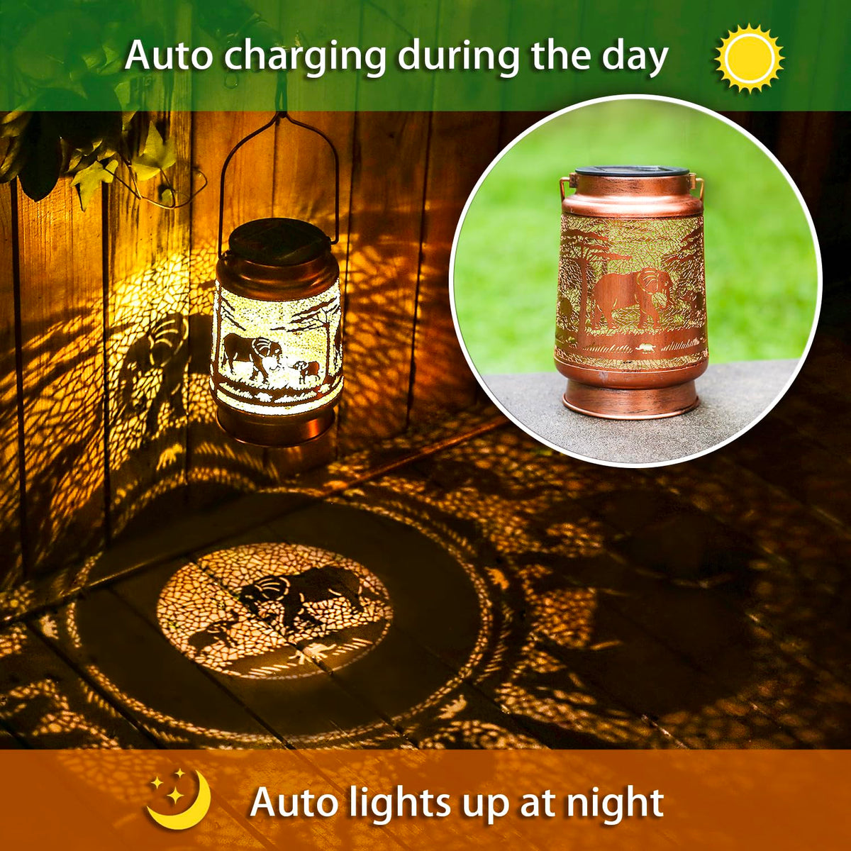 TIGGSY Elephant solar lantern hanging outdoors for courtyard lighting.