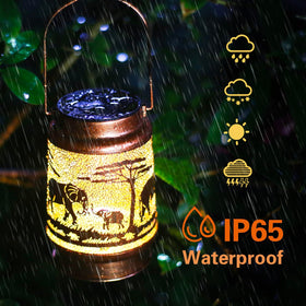 TIGGSY Elephant solar lantern patio light creates cozy evenings.