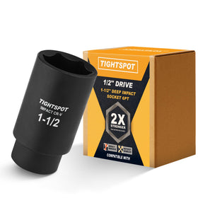 TIGHTSPOT 1/2-inch drive deep impact socket with 6-point design grips fasteners securely.