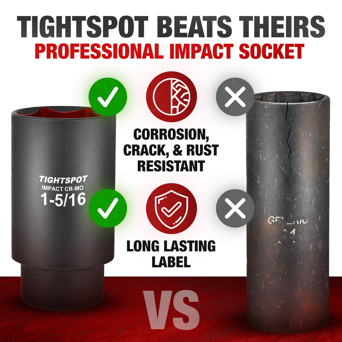 TIGHTSPOT CRMO steel impact socket for high torque tolerance and long life.