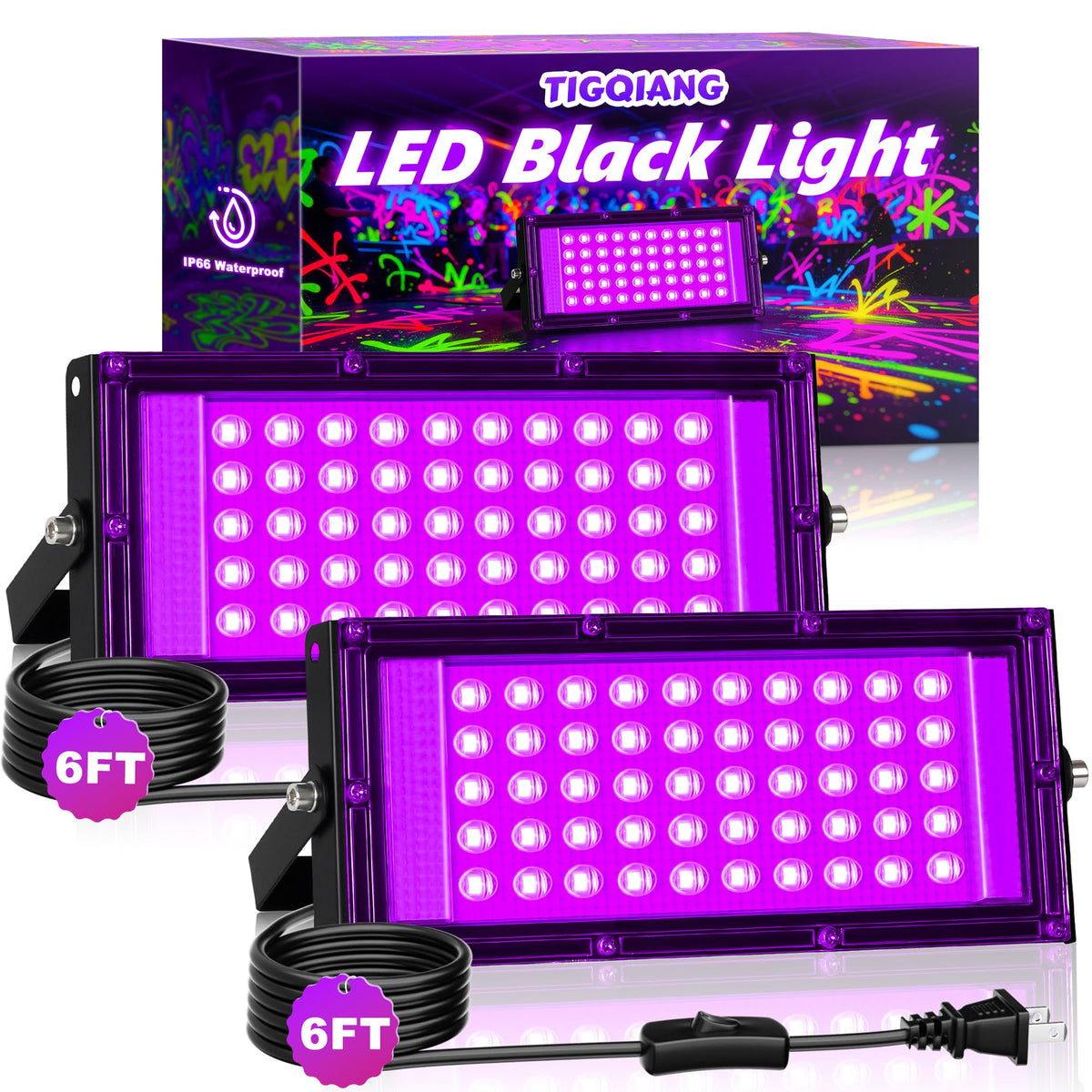 TigQiang 50W black light floodlight, front view, perfect for outdoor glow parties and stage accents.