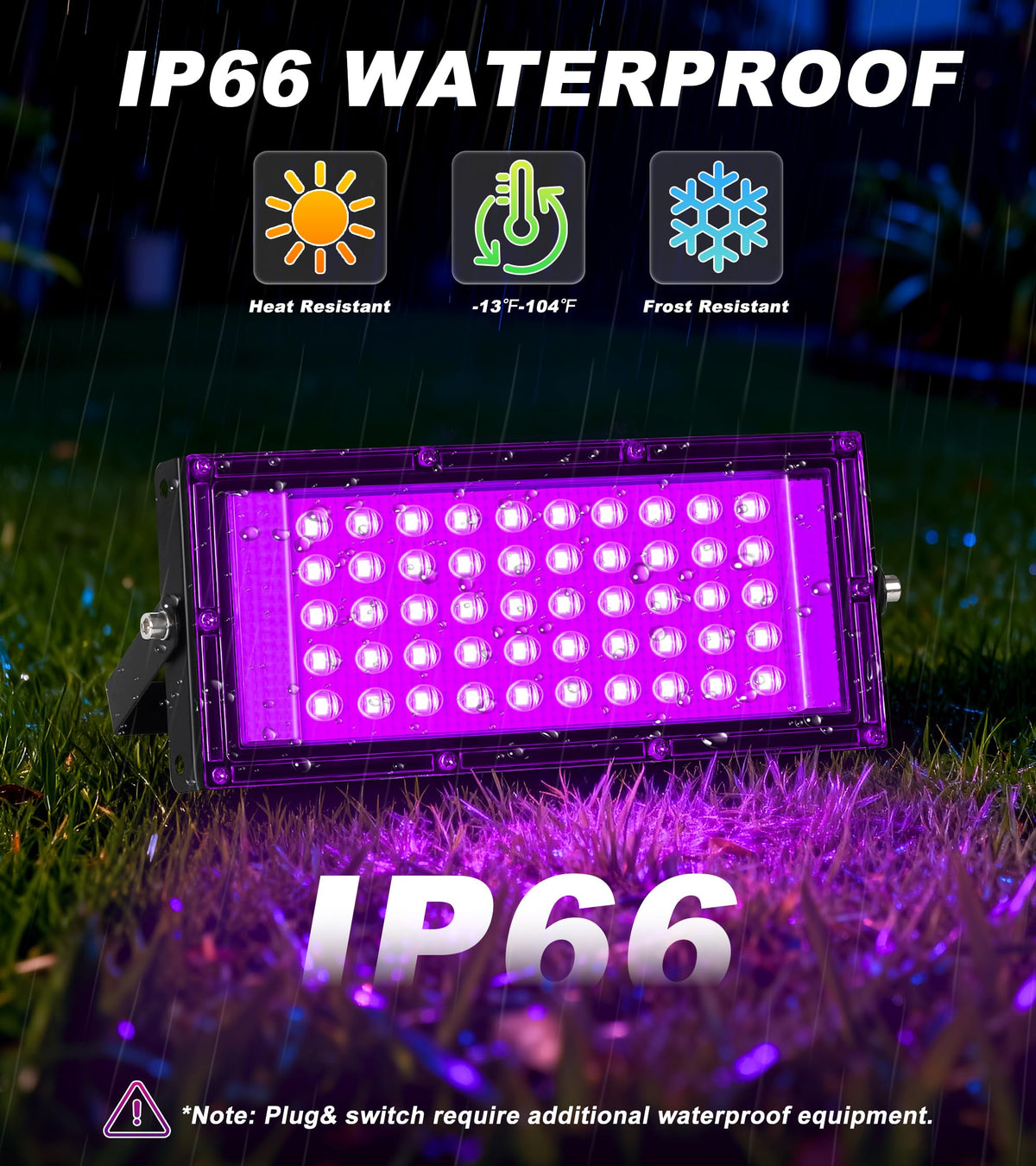 TigQiang 50W black light floodlight from side angle for wide-area UV illumination.