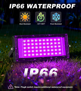 TigQiang 50W black light floodlight from side angle for wide-area UV illumination.