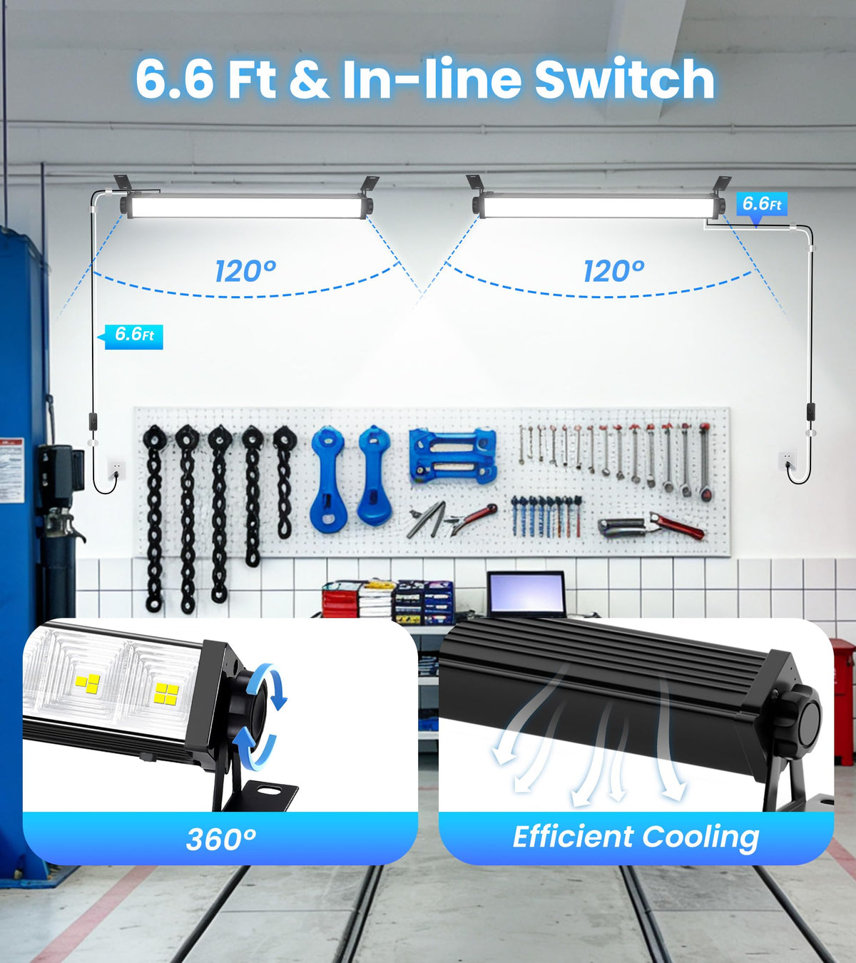 TigQiang shop light with 360-degree adjustable bracket for precise lighting on workbenches.