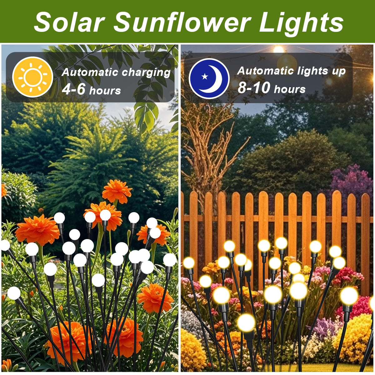 Tigrelight 4 pack solar firefly lights used as garden decor along hedge