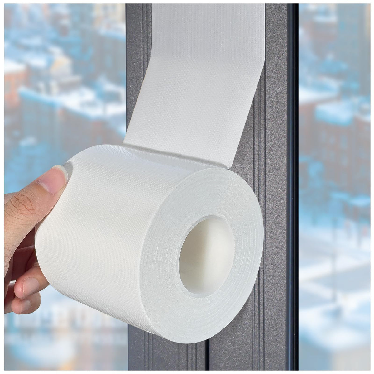 Tikfoam White Window Weather Sealing Tape roll close-up; strong adhesion for cold drafts.