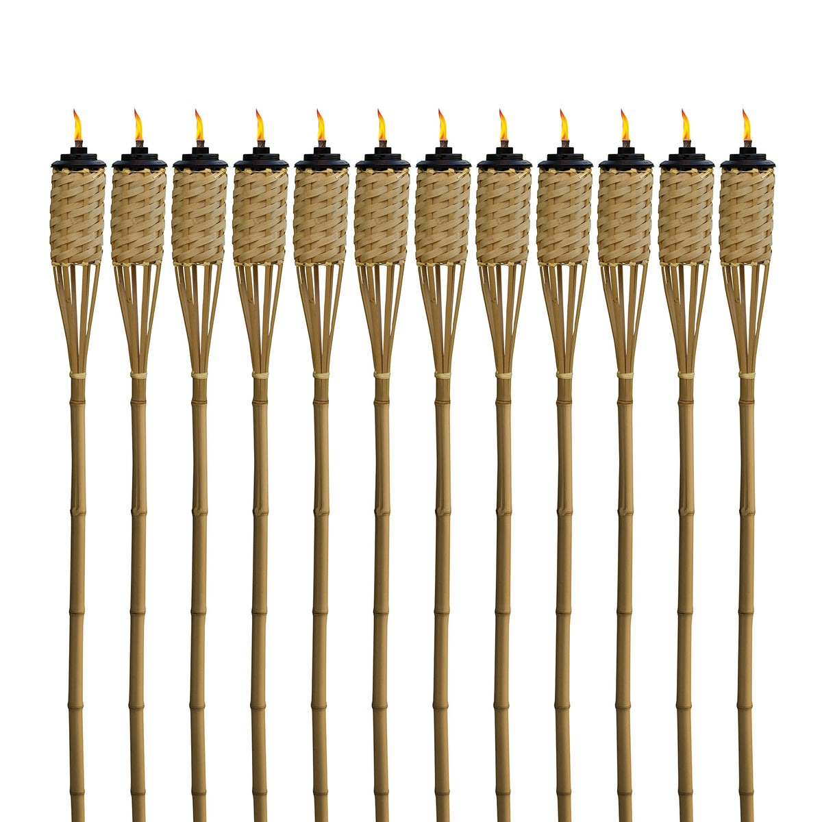 TIKI Bamboo Tiki Torches, 57-inch tall, elevate outdoor patios and gardens with warm lighting.