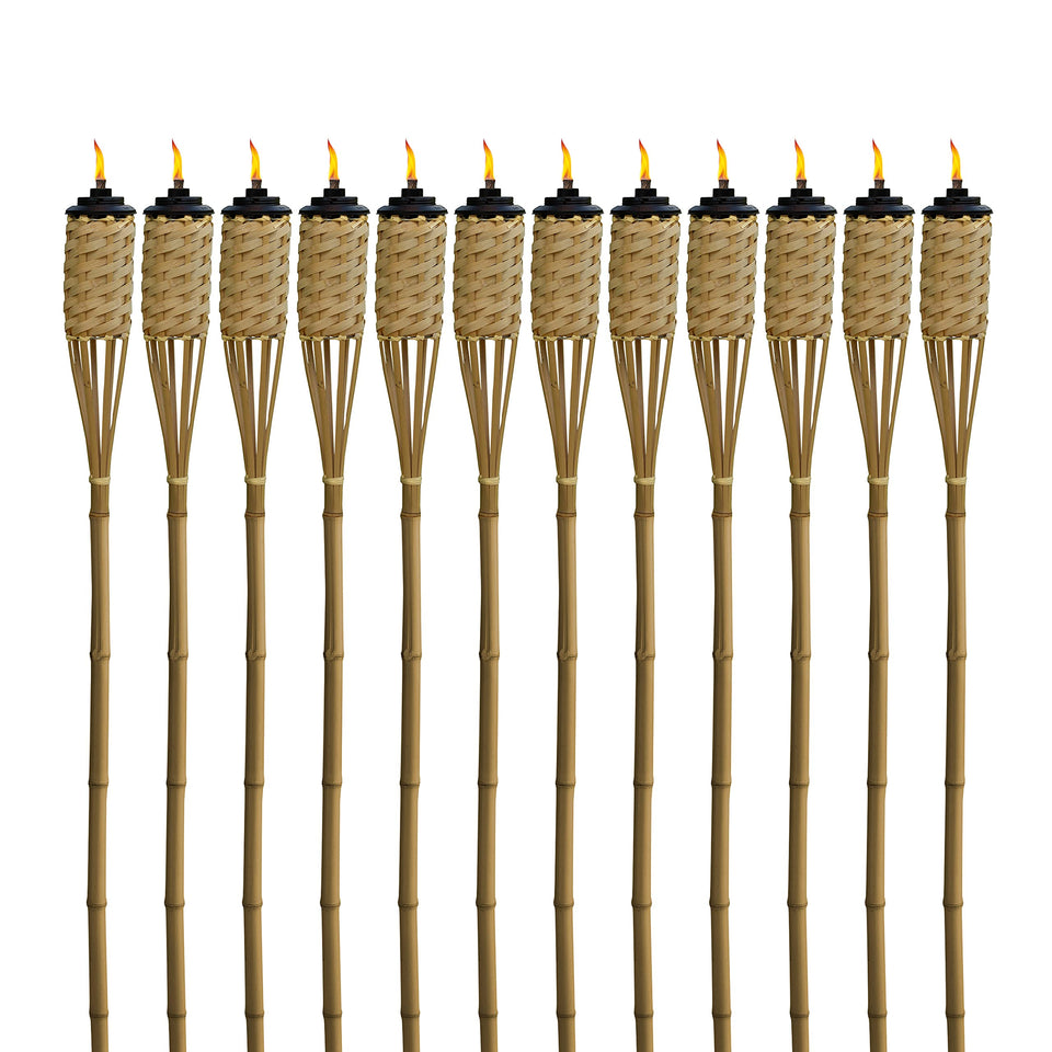 TIKI Bamboo Tiki Torches, 57-inch tall, elevate outdoor patios and gardens with warm lighting.