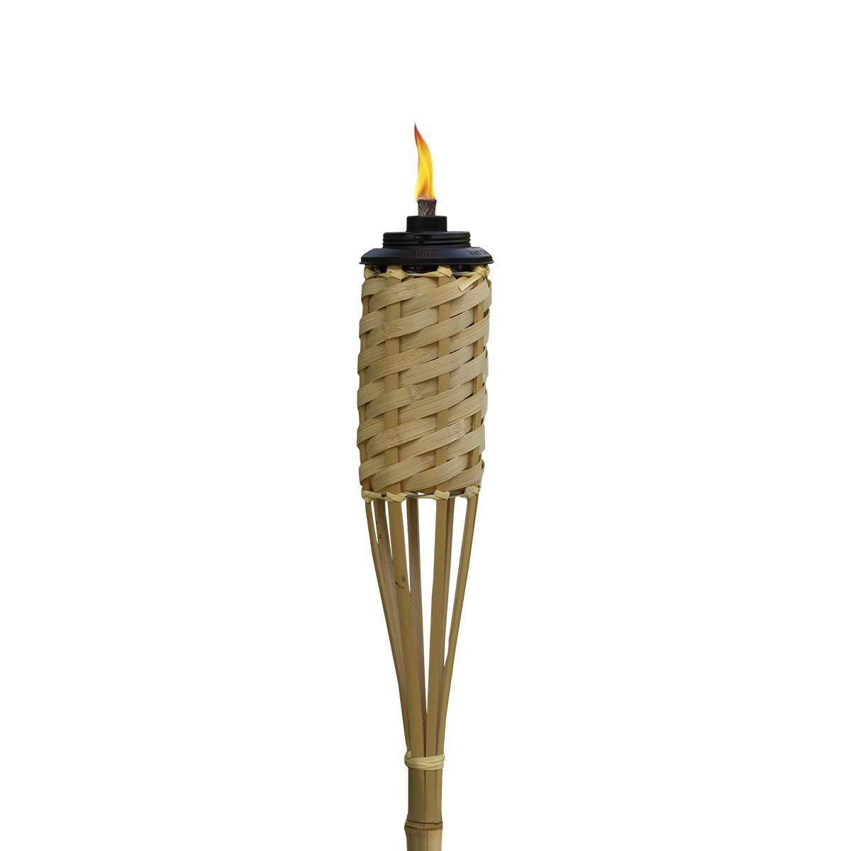 Close-up of woven bamboo TIKI torch showcasing classic tiki design.