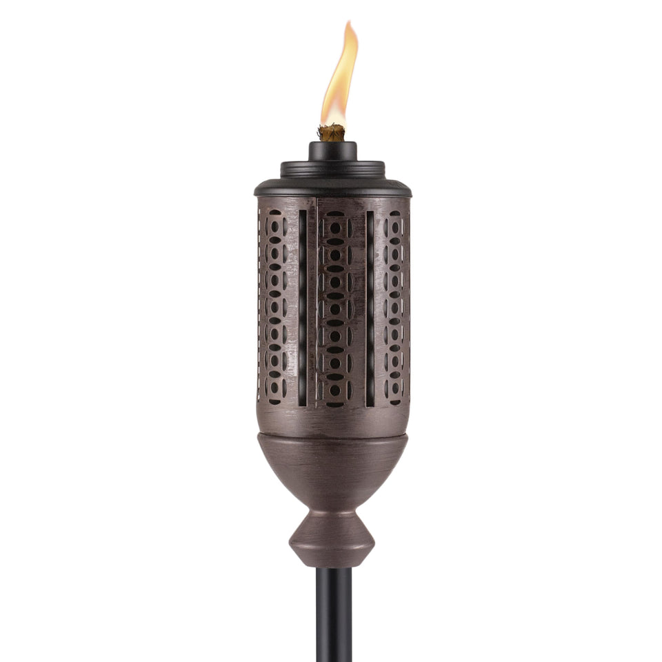 TIKI Cabos bronze torch displaying full 65-inch height for dramatic backyard ambiance