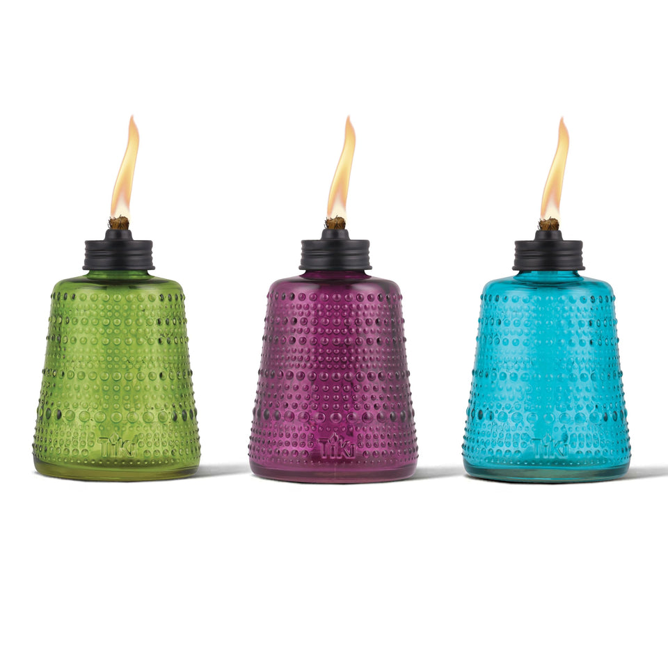 TIKI Carnival Glass Torch blue closeup for vibrant outdoor ambiance and table centerpiece