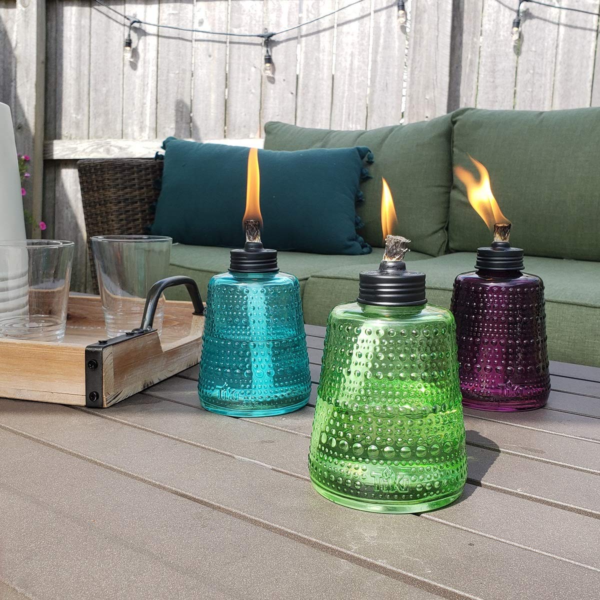 TIKI Carnival Glass Torch green closeup, perfect for garden gatherings