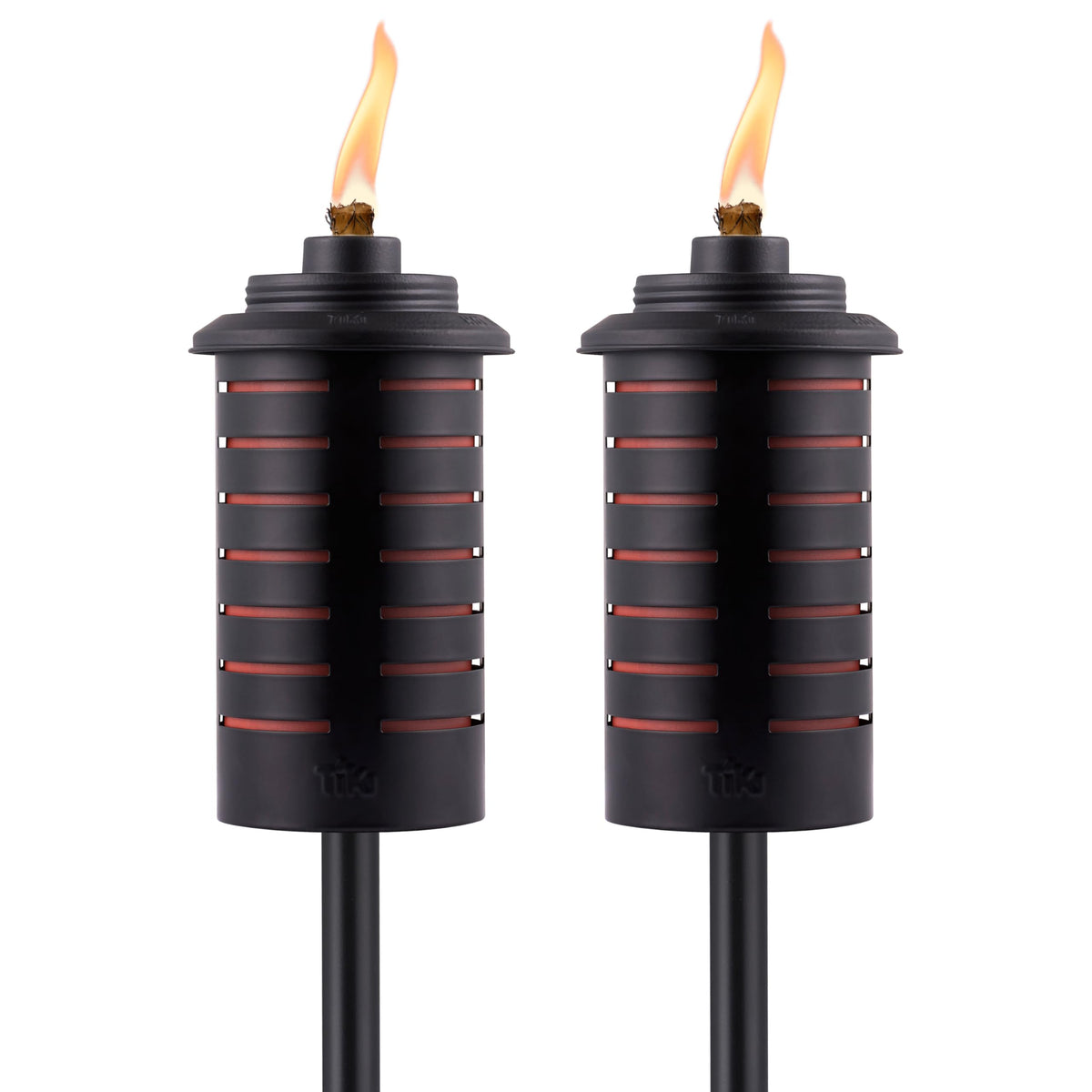 TIKI metal black orange torch full-size 64-inch setup for dramatic backyard lighting.
