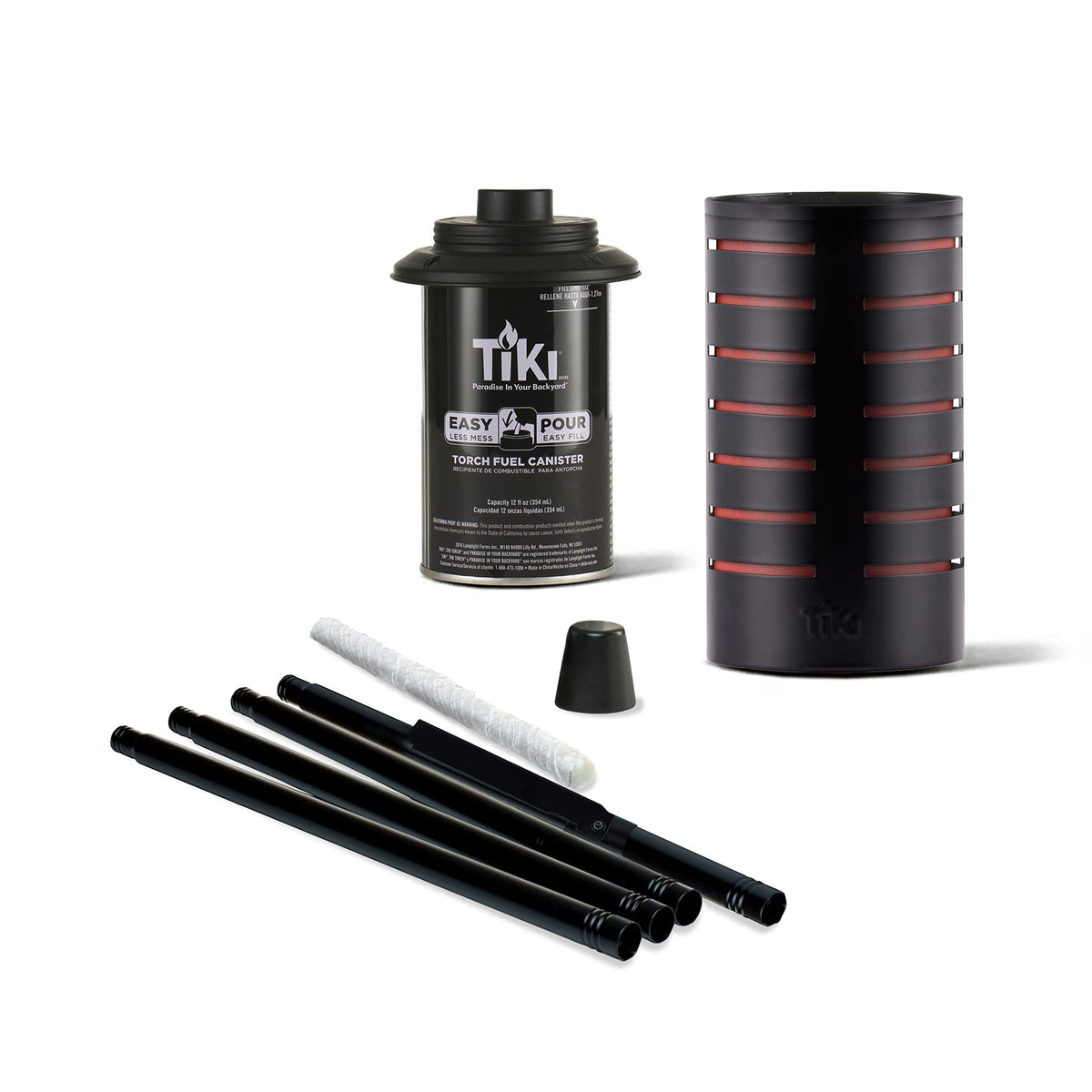 TIKI metal snuffer safely extinguishes the torch flame after use.