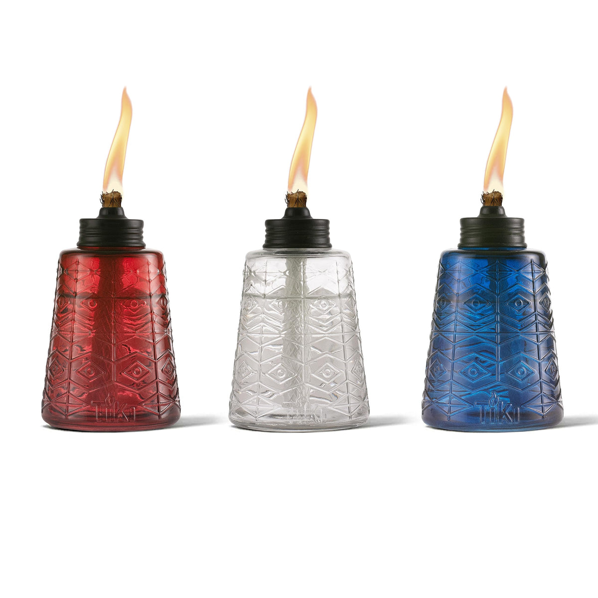 TIKI molded glass tabletop torches set of three brighten outdoor dining.