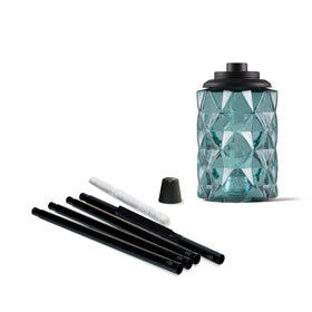 TIKI Topaz Blue torch with metal snuffer for safe extinguishing.