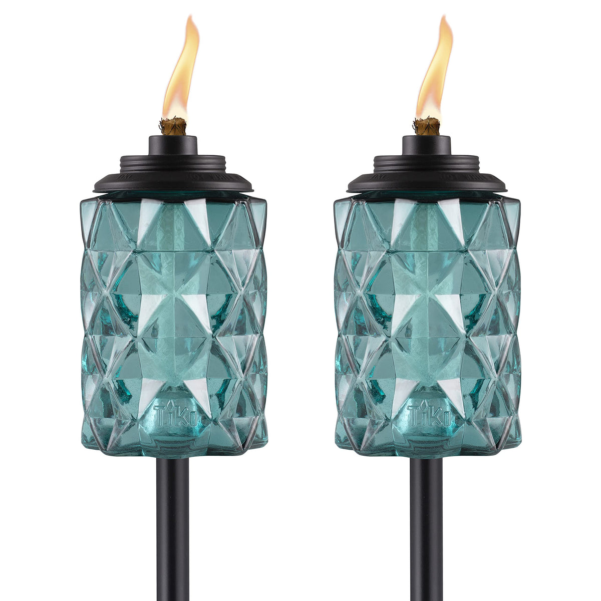 TIKI Topaz Blue 65-inch torch with easy install lever for ambient outdoor lighting.
