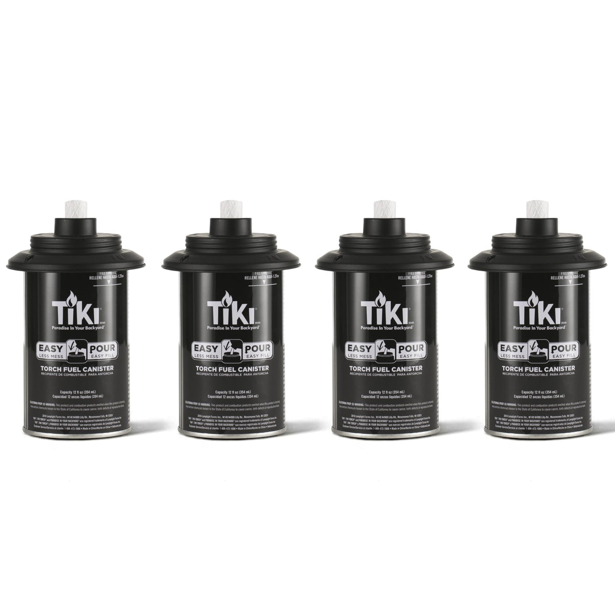 TIKI torch replacement canister set of 4 pack shown for easy refilling and spill control.