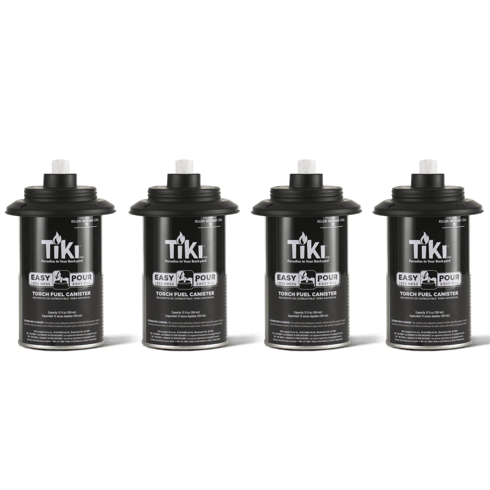 TIKI torch replacement canister set of 4 pack shown for easy refilling and spill control.
