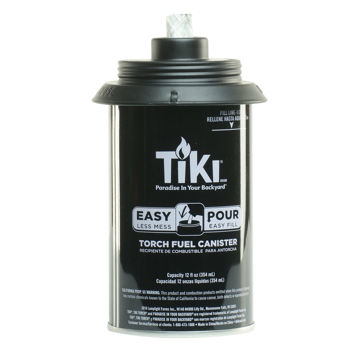 TIKI torch replacement canister wide-mouth pour close-up highlighting spill-reducing design.