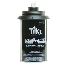 TIKI torch replacement canister wide-mouth pour close-up highlighting spill-reducing design.