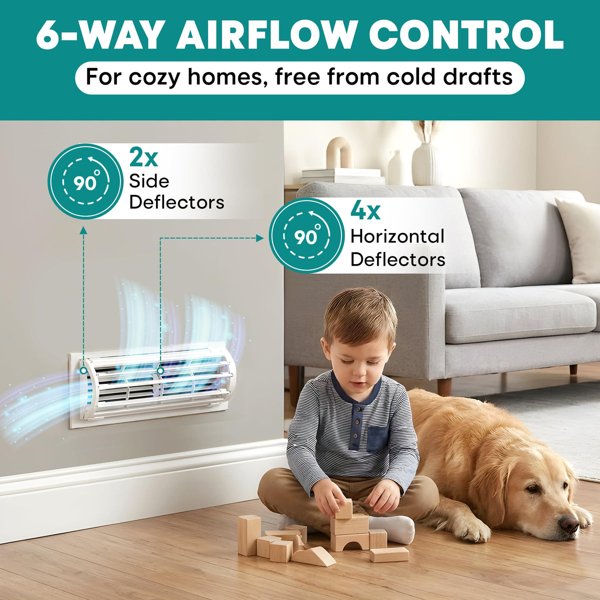 Tilcore magnetic vent cover on a ceiling vent enabling 6-direction airflow