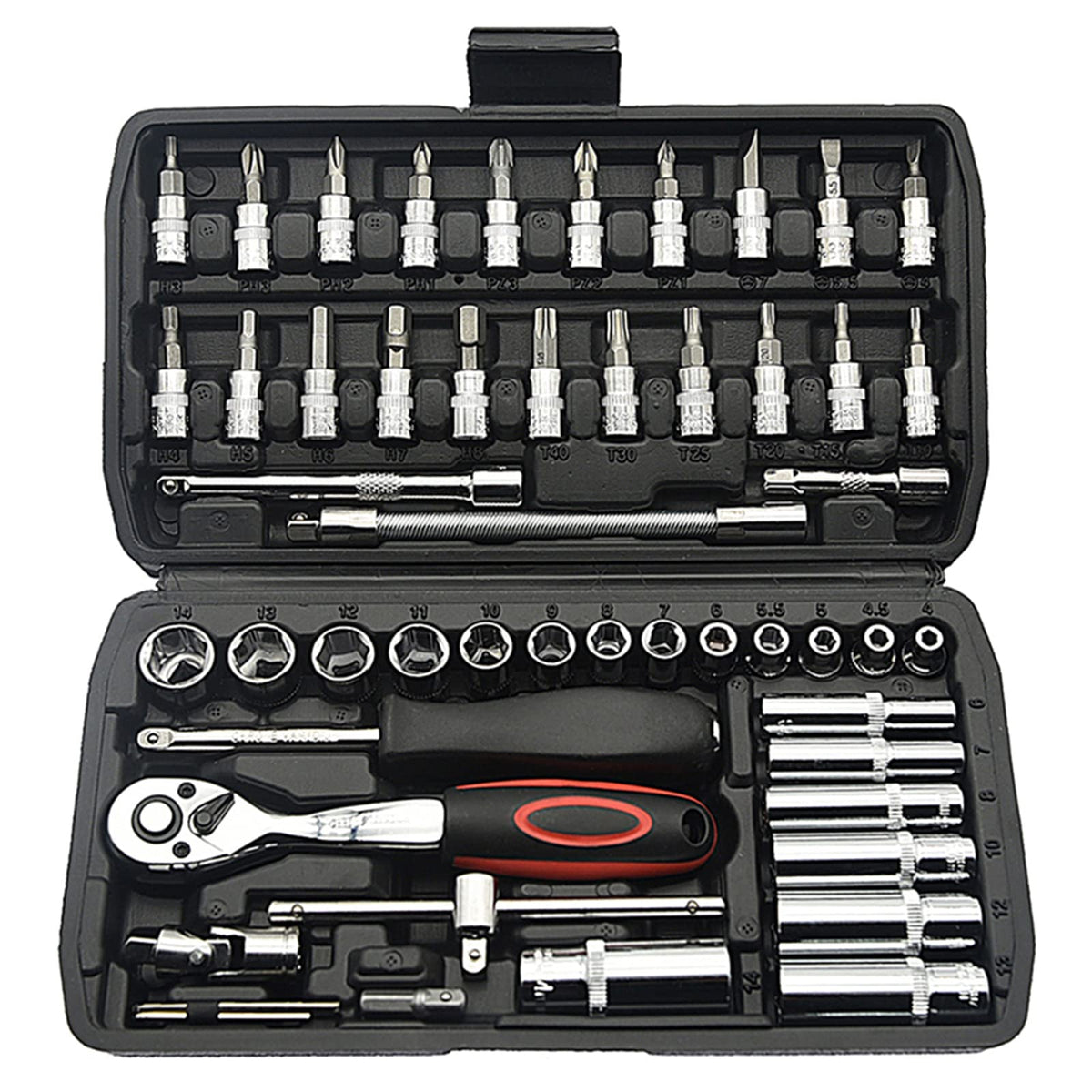 TILIBOTE 53-piece socket set arranged for automotive repair and home projects.