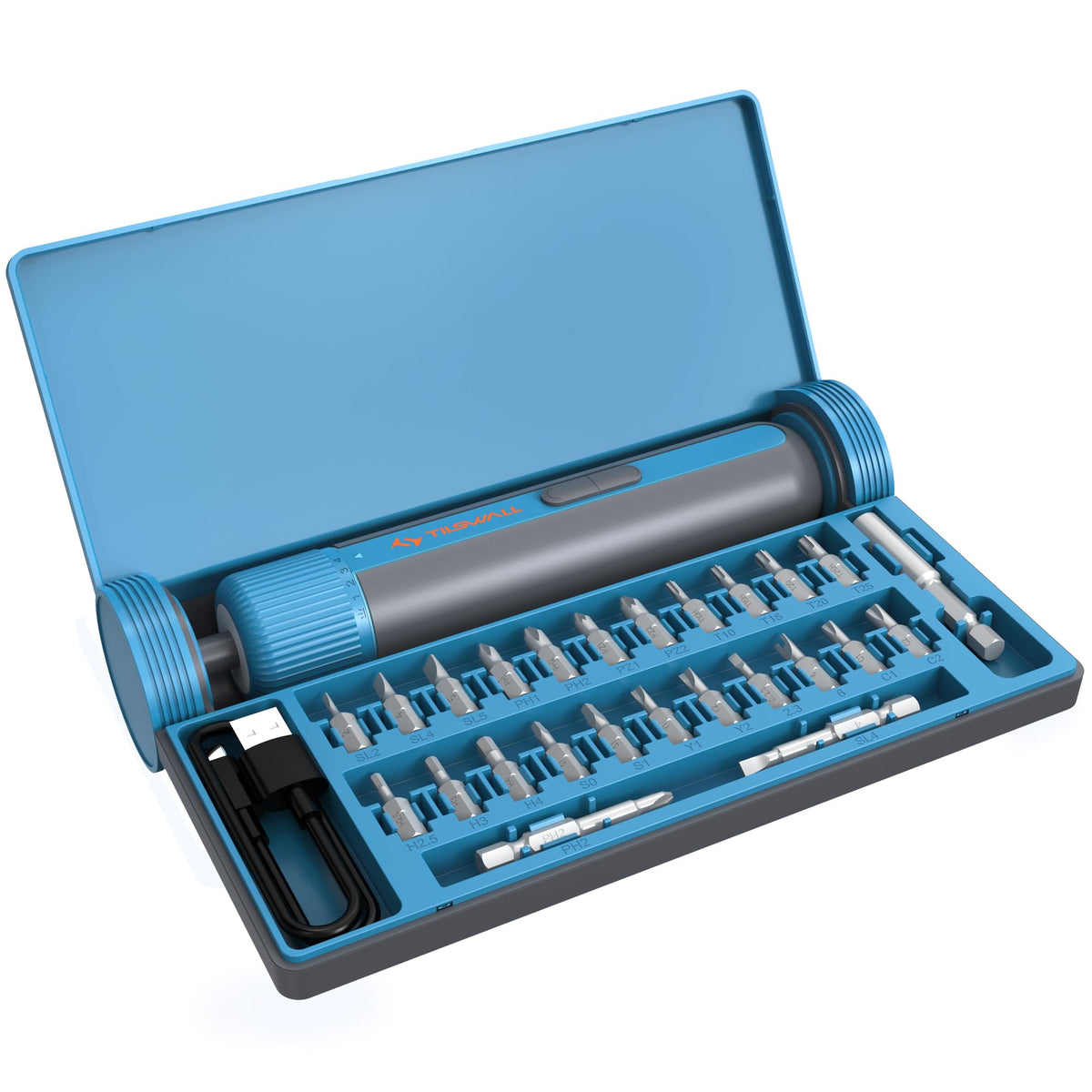 Tilswall blue in-use shot shows cordless operation at home