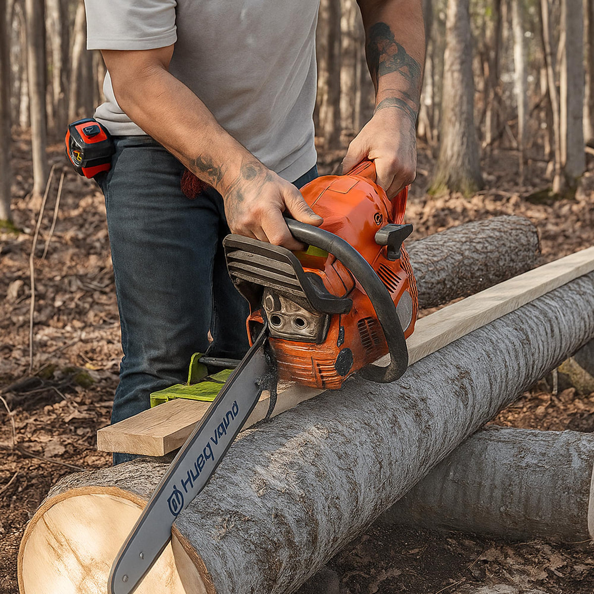 Timber Tuff TMW-56 in-use with a chainsaw for precise cuts.