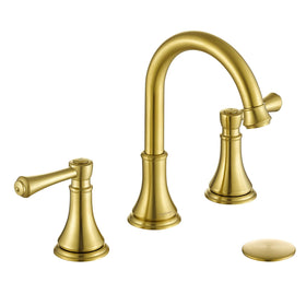 TimeArrow Brushed Gold 8-Inch Widespread Faucet adds modern bathroom style and upgrade potential.