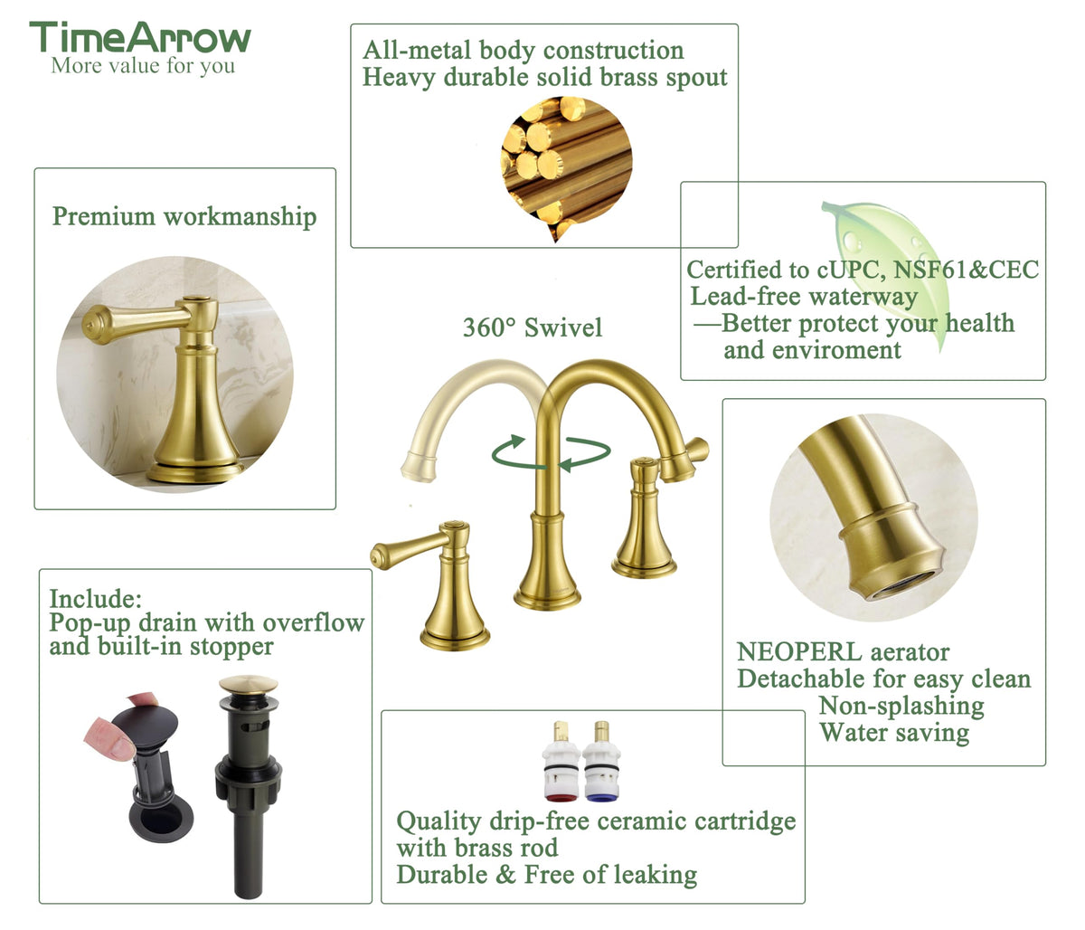 TimeArrow Brushed Gold pop-up drain with overflow for a clean vanity setup.