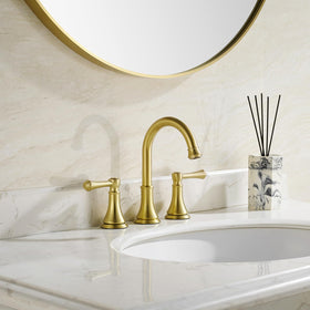 TimeArrow Brushed Gold swivel spout close-up showing 360° reach for easy sink access.