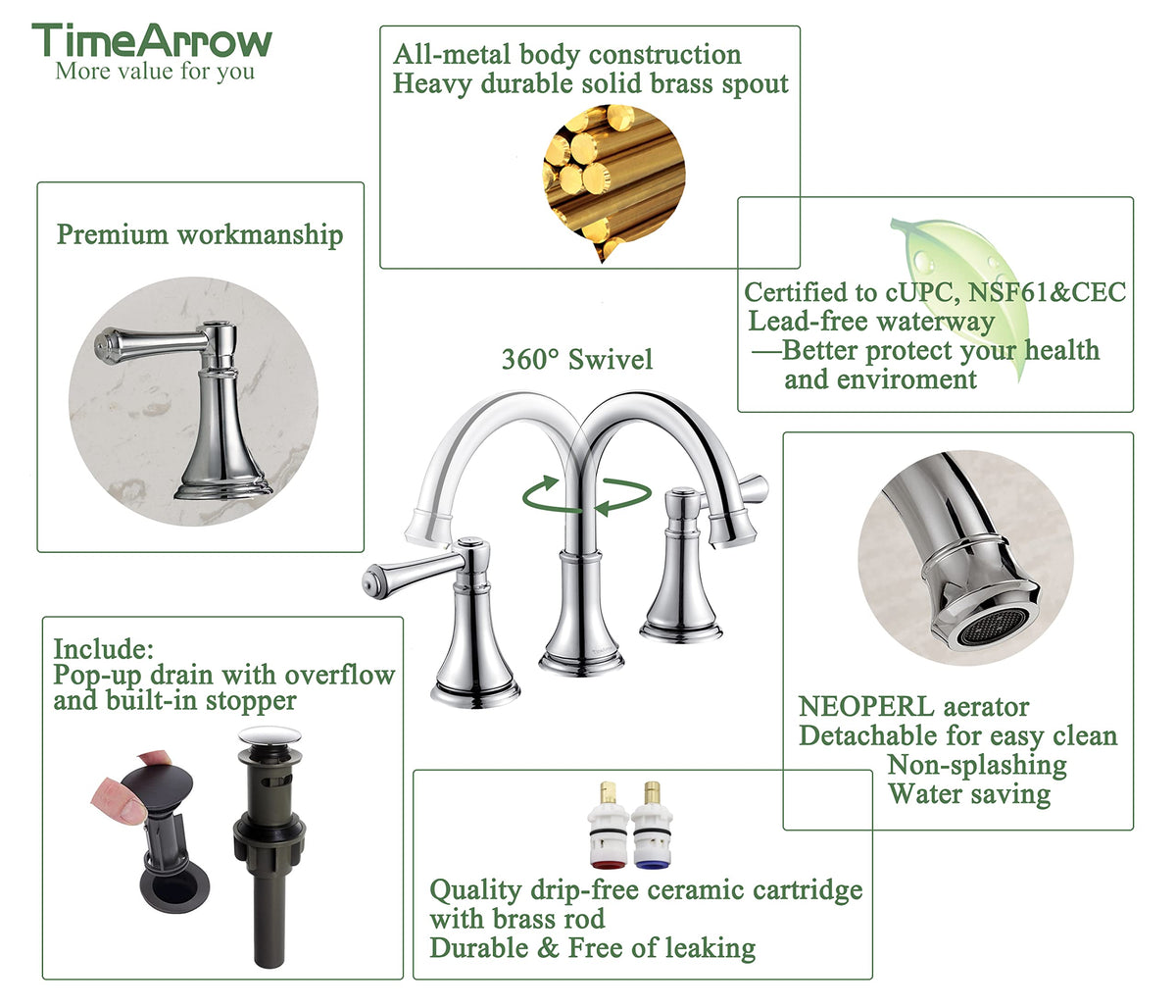 TimeArrow chrome 360° swivel spout enables flexible watering angles and easier cleaning.