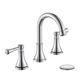 TimeArrow chrome two-handle 8in-wide-spread faucet with gooseneck spout for easy sink access.