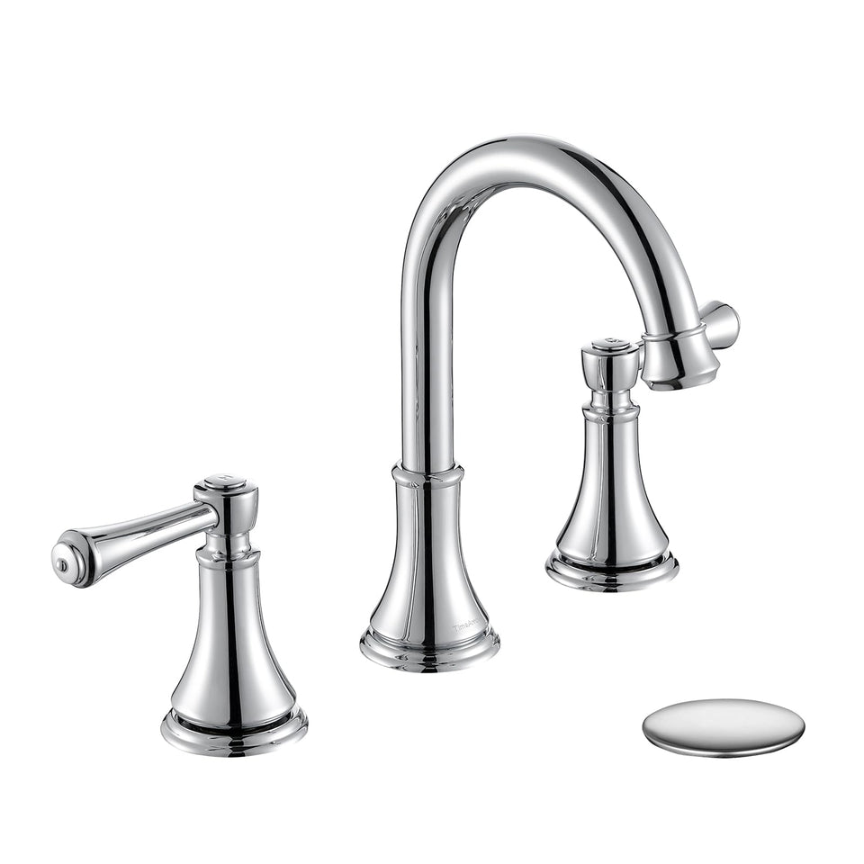 TimeArrow chrome two-handle 8in-wide-spread faucet with gooseneck spout for easy sink access.