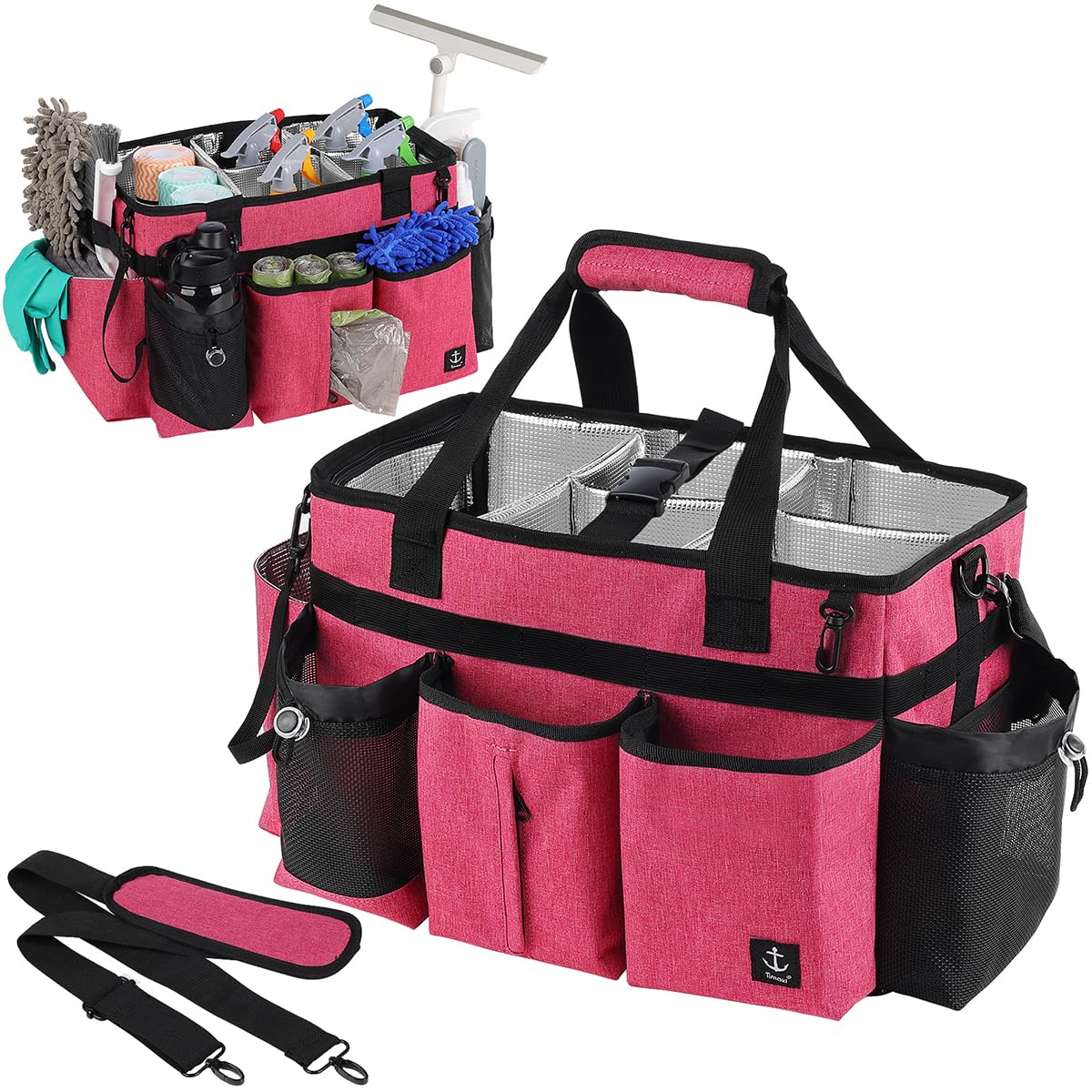 Timoxi Cleaning Caddy exterior dimensions show spacious storage for supplies.