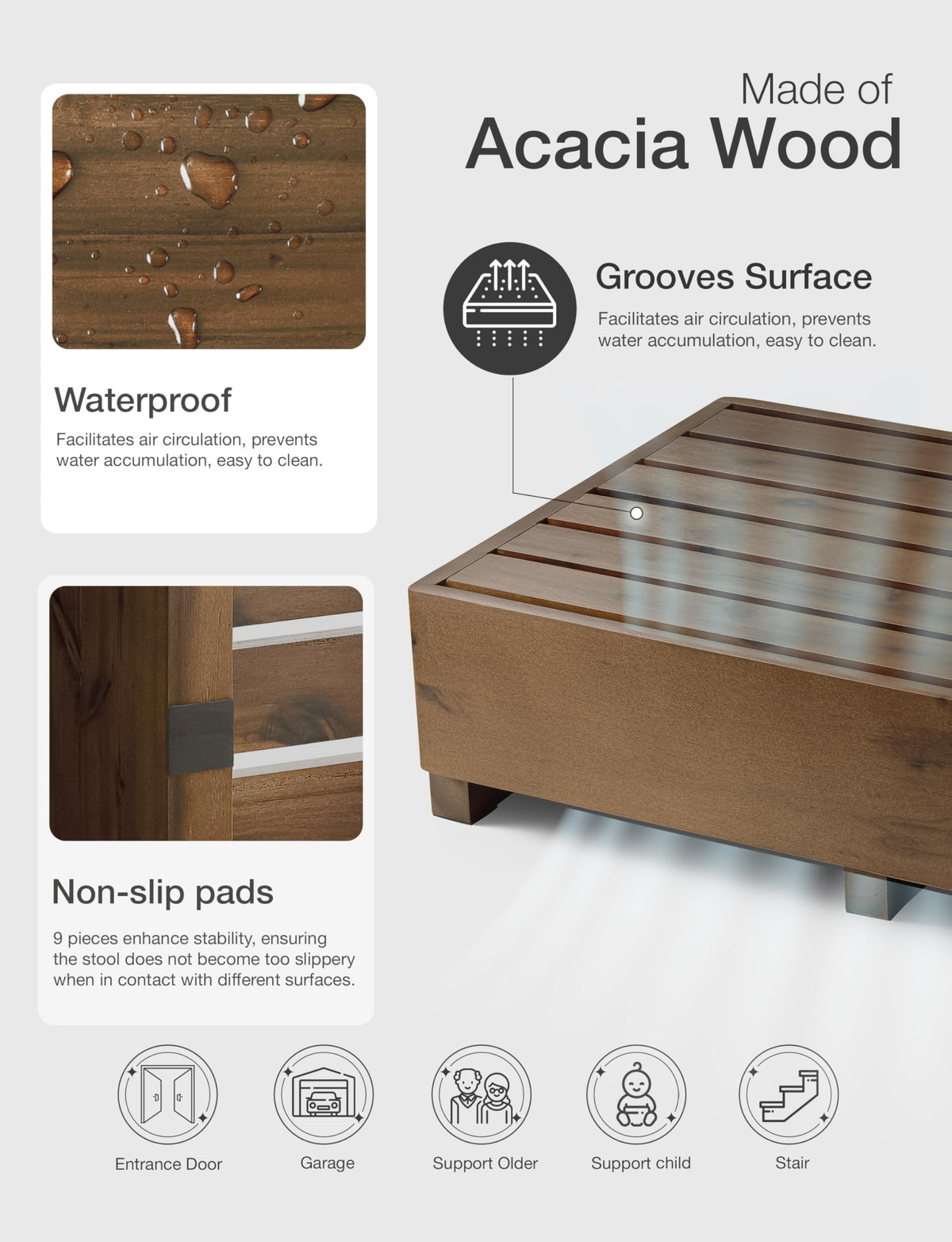 Tinamo acacia wood stool as bathroom riser for safer reach