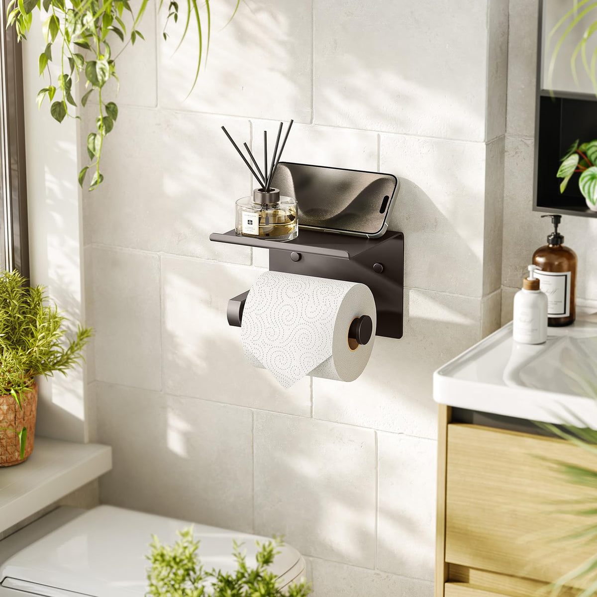Tindbea adhesive wall mount in bronze enables quick drill-free installation.