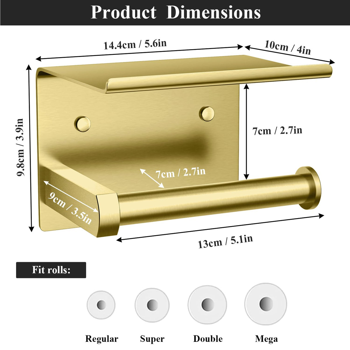 Tindbea brushed gold stainless steel bathroom storage in a modern bathroom
