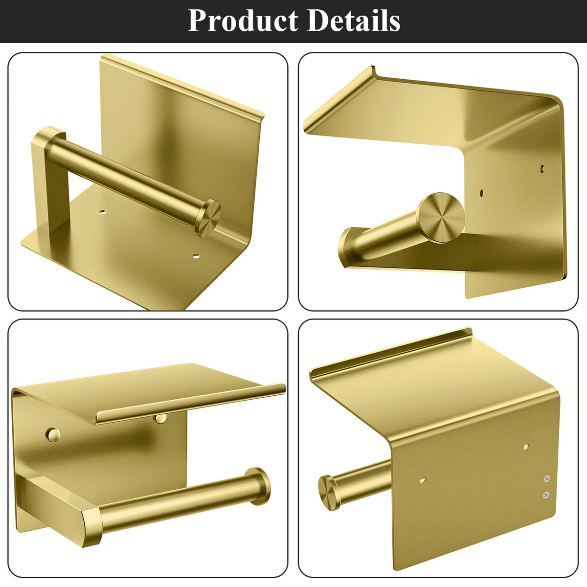 Closeup of Tindbea brushed gold toilet paper holder highlighting finish