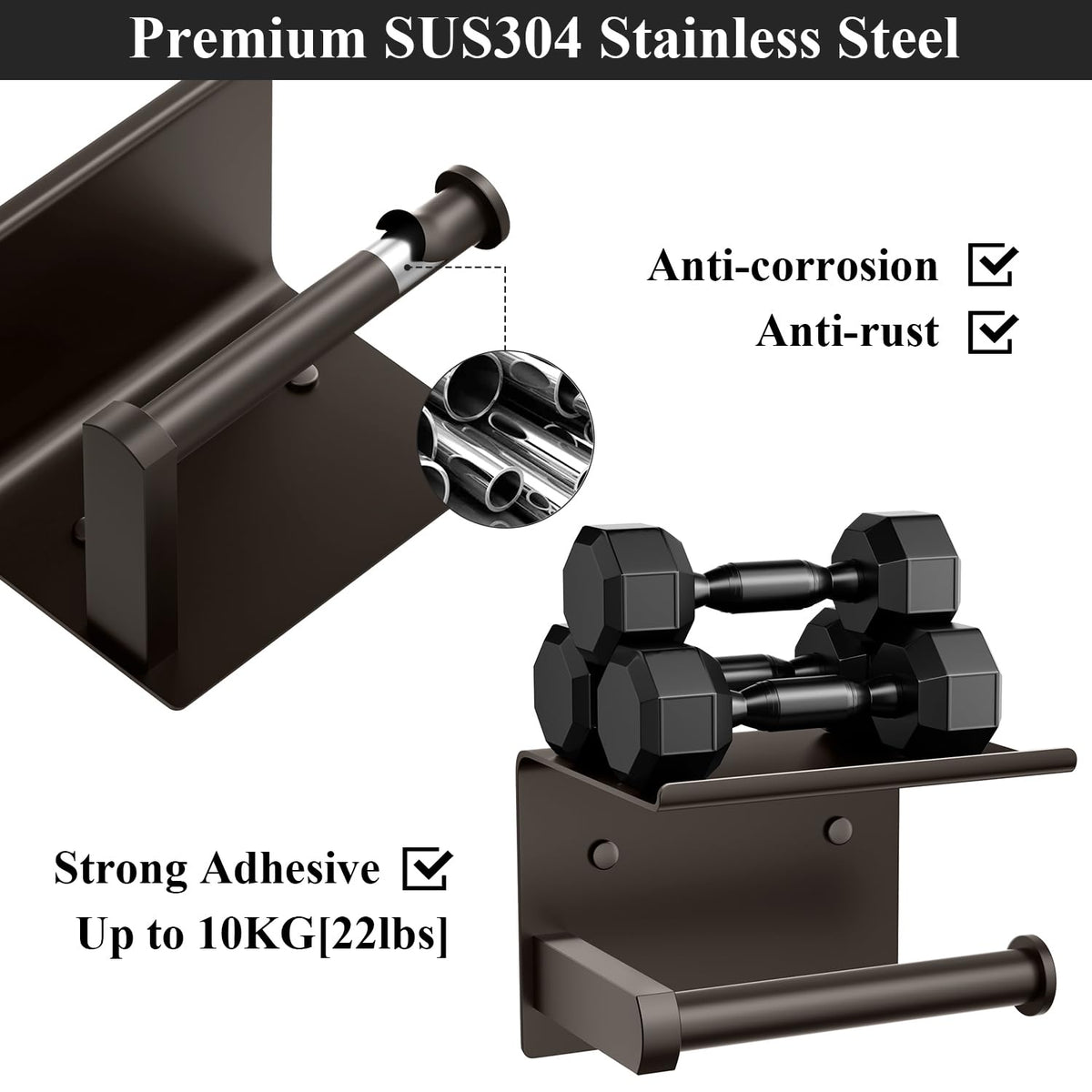 Tindbea rustproof bronze finish keeps accessories protected in humid bathrooms.