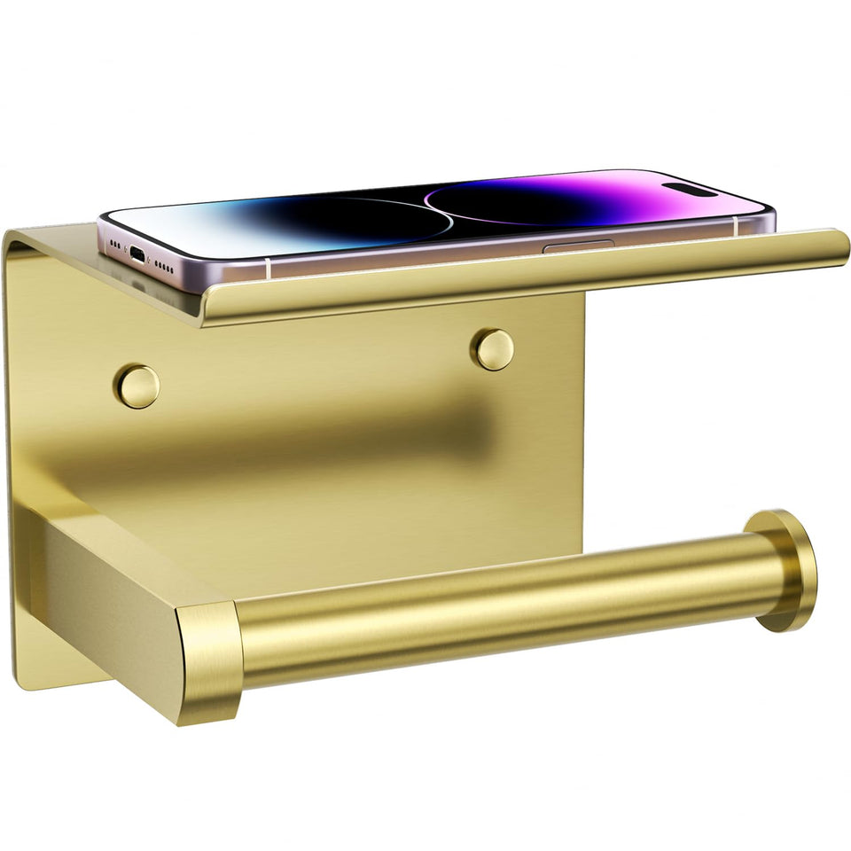 Tindbea toilet paper holder with phone shelf showing adhesive mount for quick setup