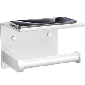 Tindbea toilet paper holder with phone shelf — front view, durable white finish for bathroom organization.